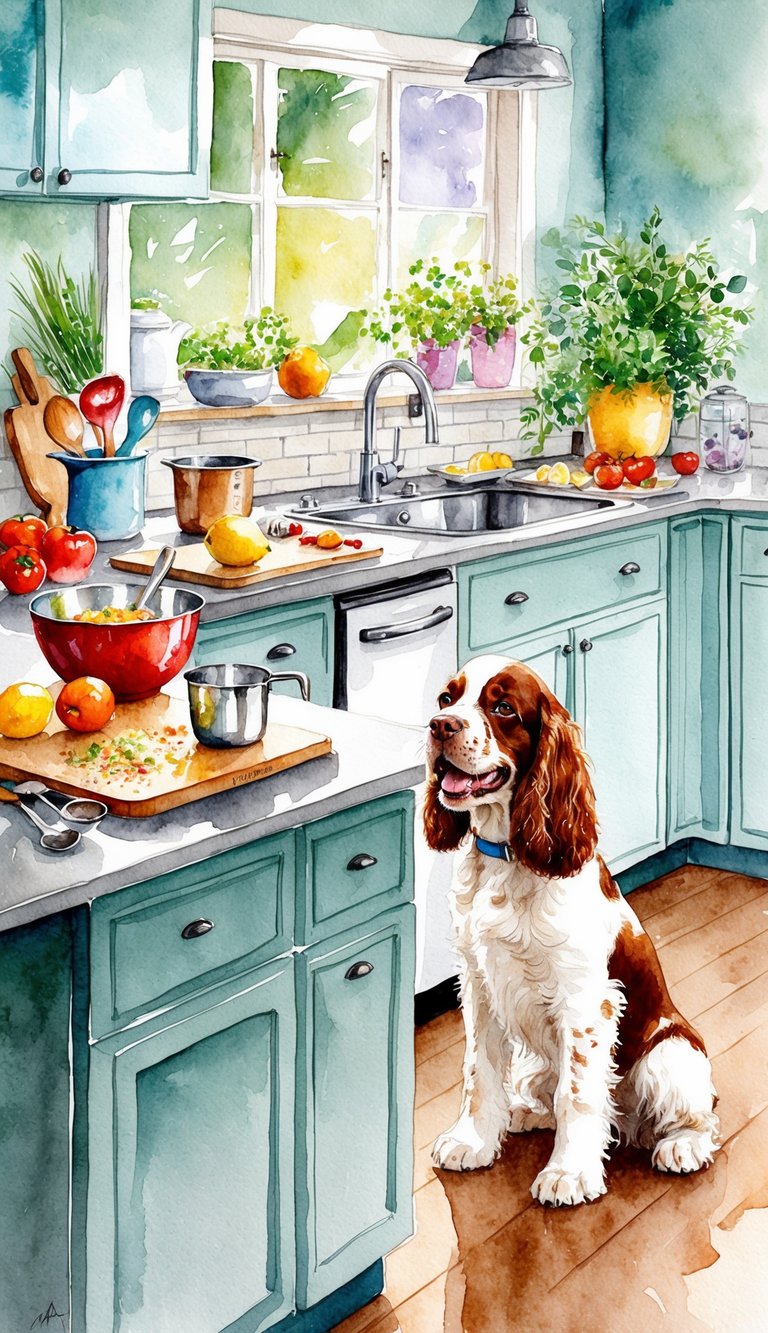 A cozy kitchen with fresh ingredients spread out on the counter, a mixing bowl and measuring cups, and a happy American Cocker Spaniel puppy eagerly watching the meal preparation