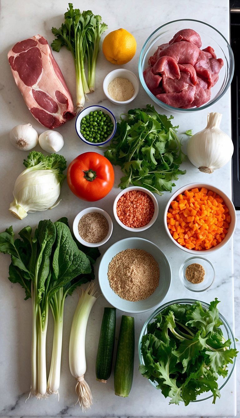 A colorful array of fresh ingredients, including meat, vegetables, and grains, spread out on a kitchen counter, ready to be prepared into homemade American Dingo puppy food