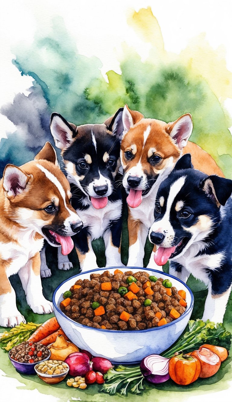 A group of American Dingo puppies eagerly eating from a bowl of homemade puppy food, surrounded by colorful and nutritious ingredients