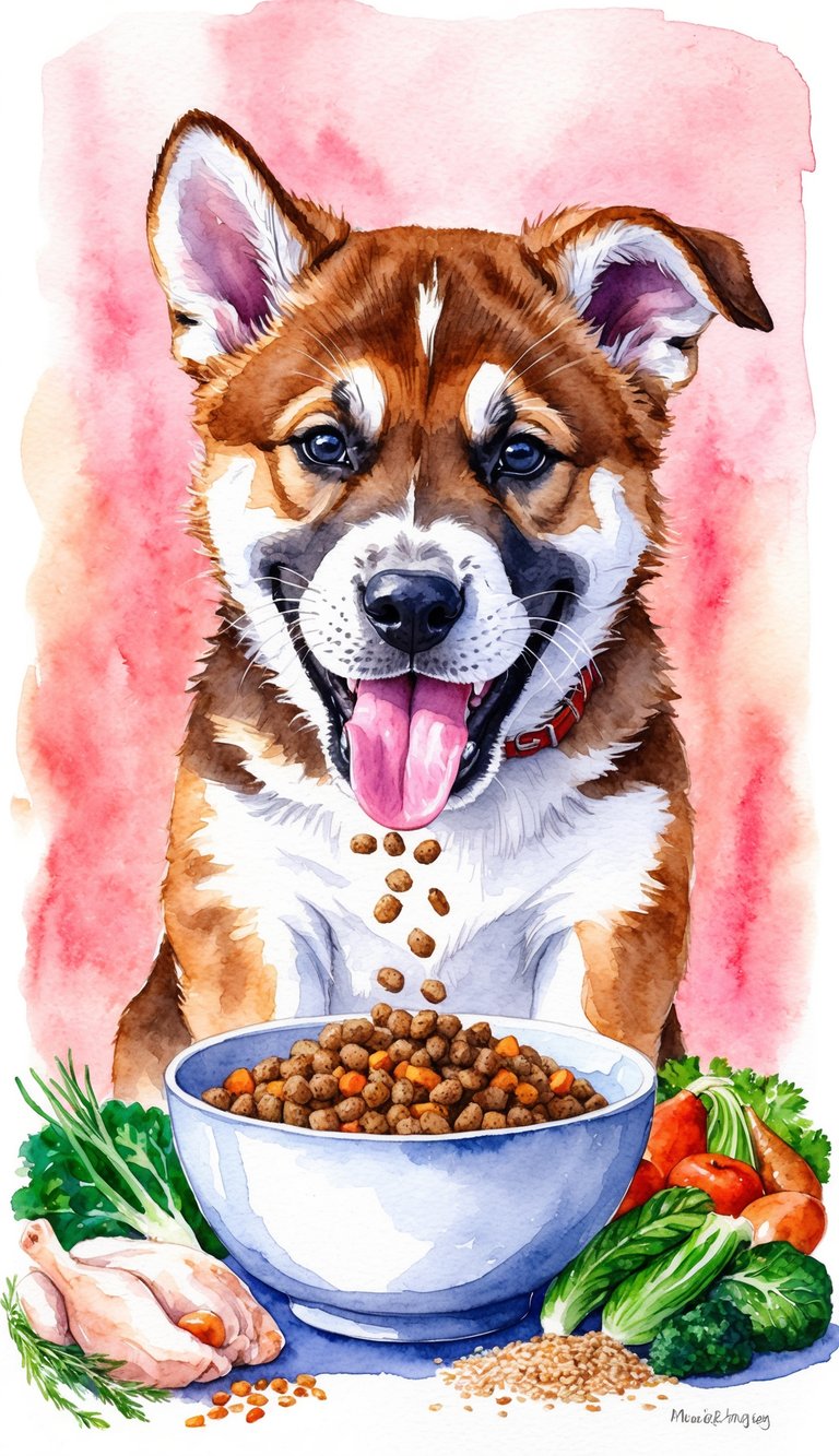 A happy American Dingo puppy eagerly eating a bowl of homemade puppy food, surrounded by fresh ingredients like chicken, vegetables, and grains