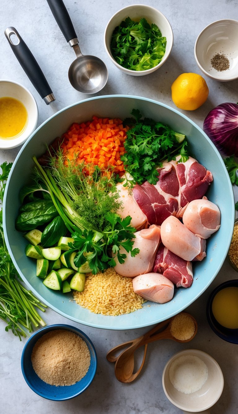 A mixing bowl filled with fresh meat, vegetables, and grains, surrounded by various cooking utensils and ingredients