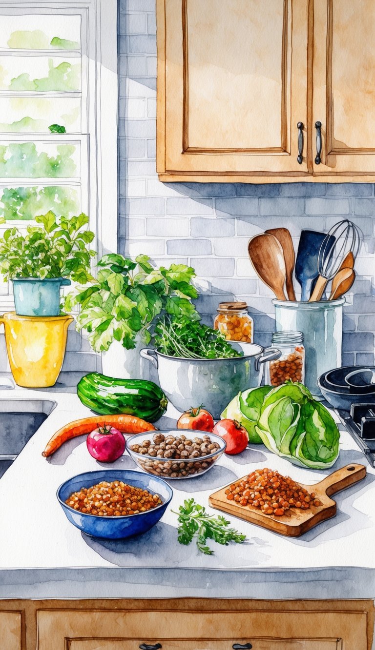 A kitchen counter with fresh ingredients and cooking utensils for making homemade American Dingo puppy food