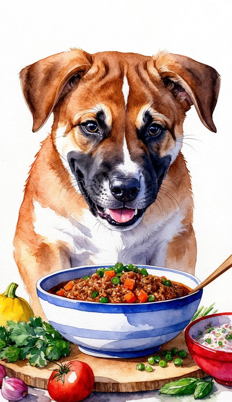 A smiling American Dingo puppy eagerly sniffs a bowl of homemade food, surrounded by fresh ingredients and a lovingly prepared meal