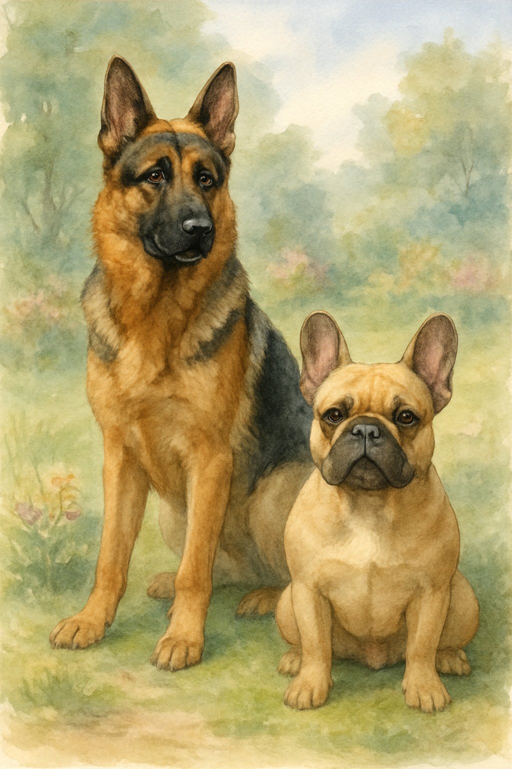 A German Shepherd and a French Bulldog are shown together outdoors, with grass and trees in the background.