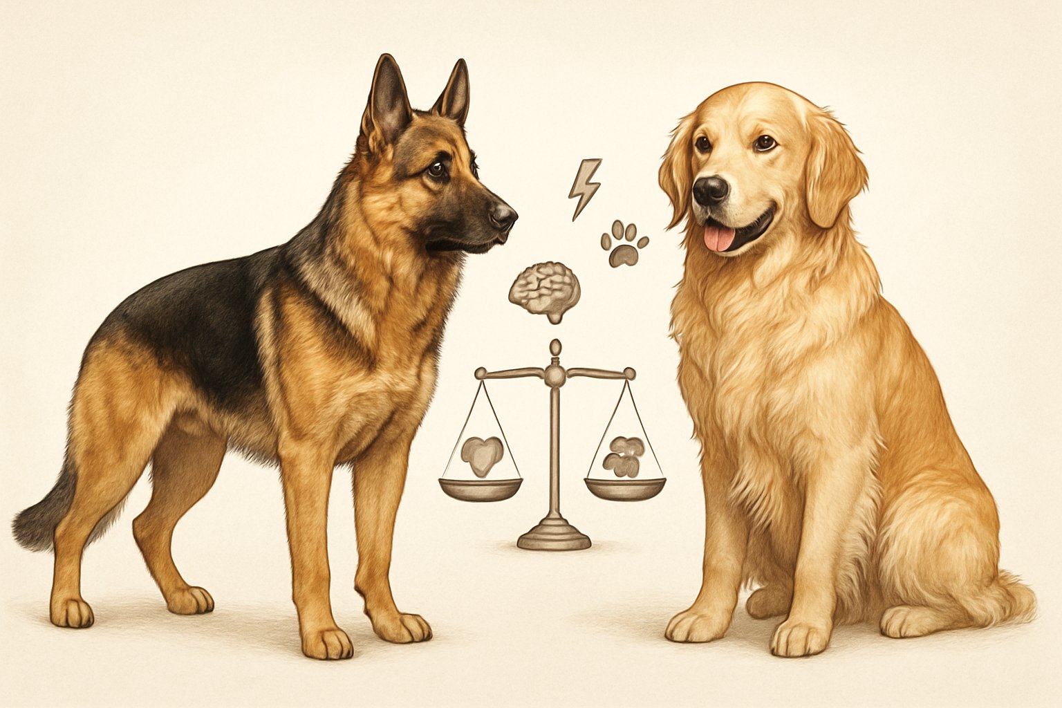 Side-by-side illustration of a German Shepherd standing alert and a Golden Retriever sitting calmly, highlighting their different temperaments and intelligence.