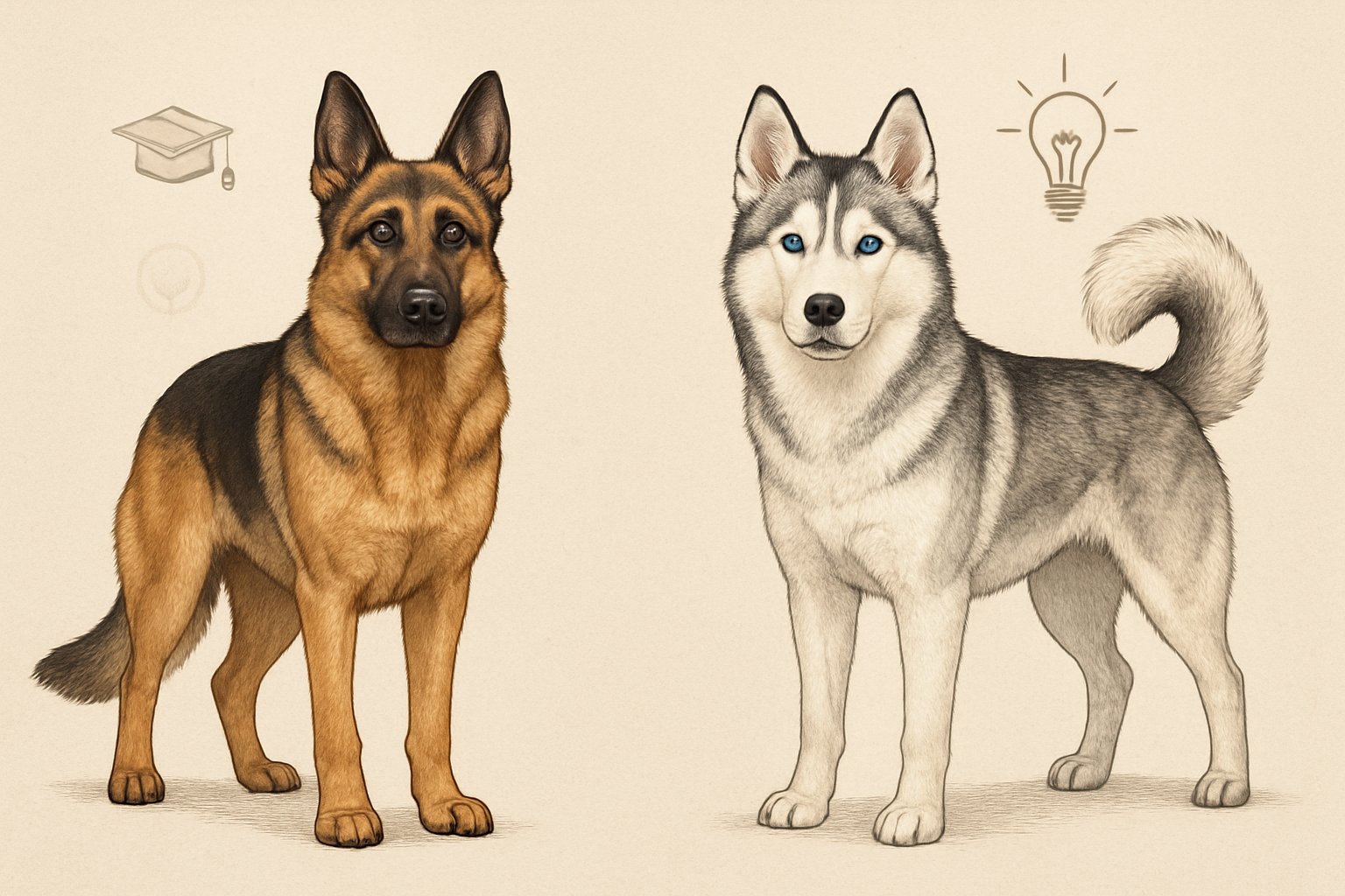 Side-by-side illustration of a German Shepherd and a Siberian Husky standing alert and facing forward.