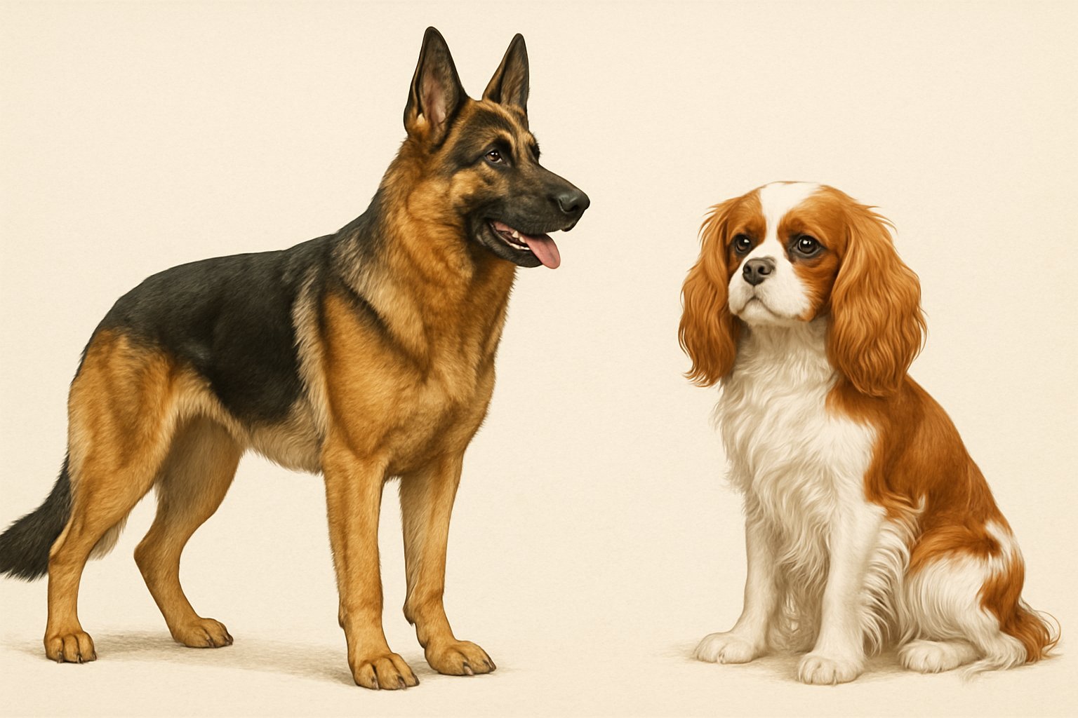 A side-by-side comparison of a standing German Shepherd and a sitting Cavalier King Charles Spaniel, showing their size and physical differences.