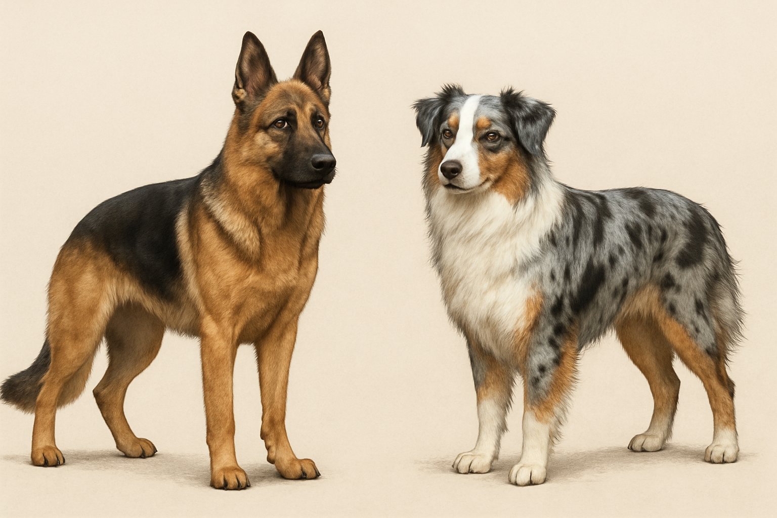 Two dogs standing side by side: a German Shepherd with a black and tan coat and erect ears, and an Australian Shepherd with a wavy merle coat and expressive eyes.