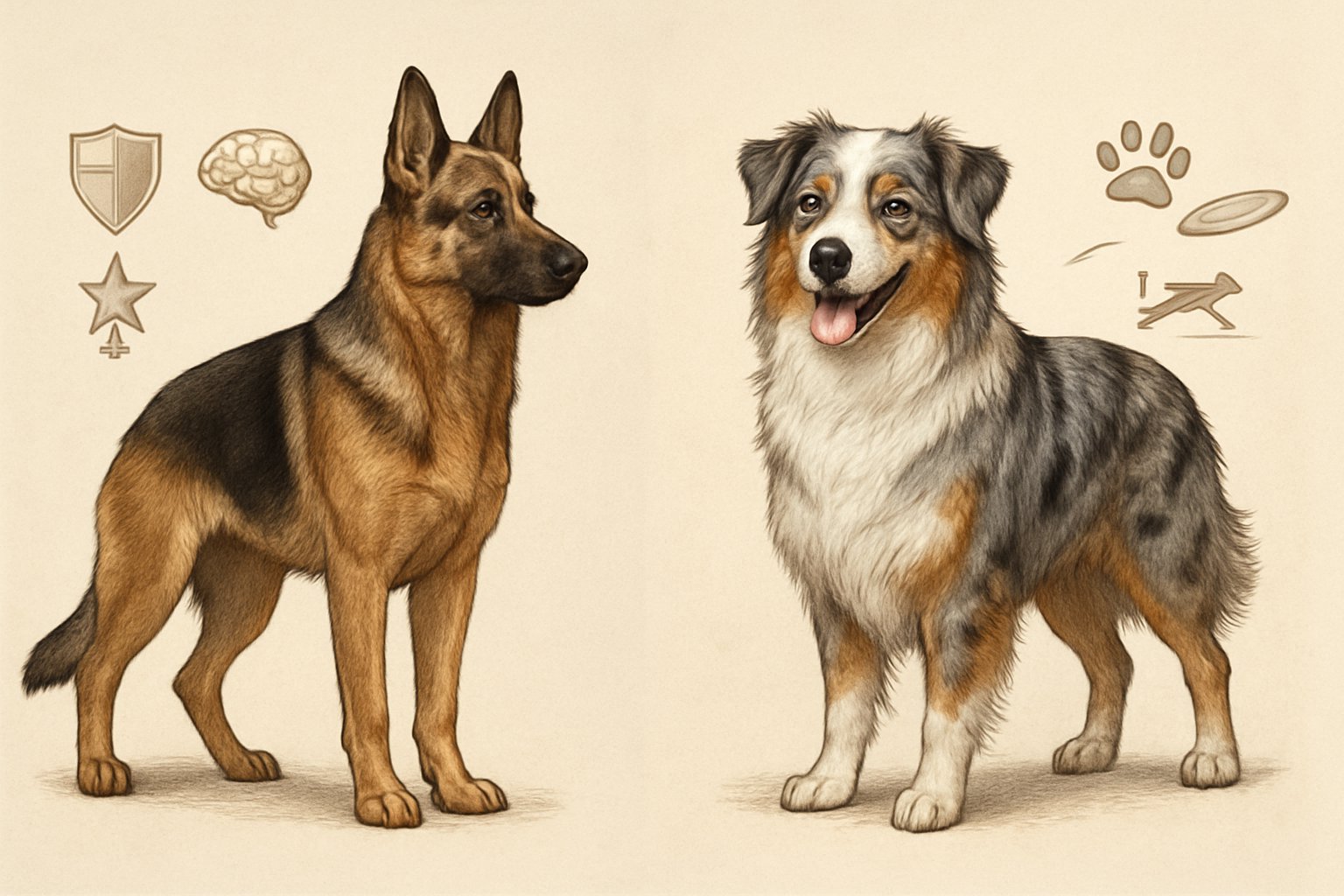 Side-by-side illustration of a German Shepherd and an Australian Shepherd, highlighting their distinct appearances and temperaments.