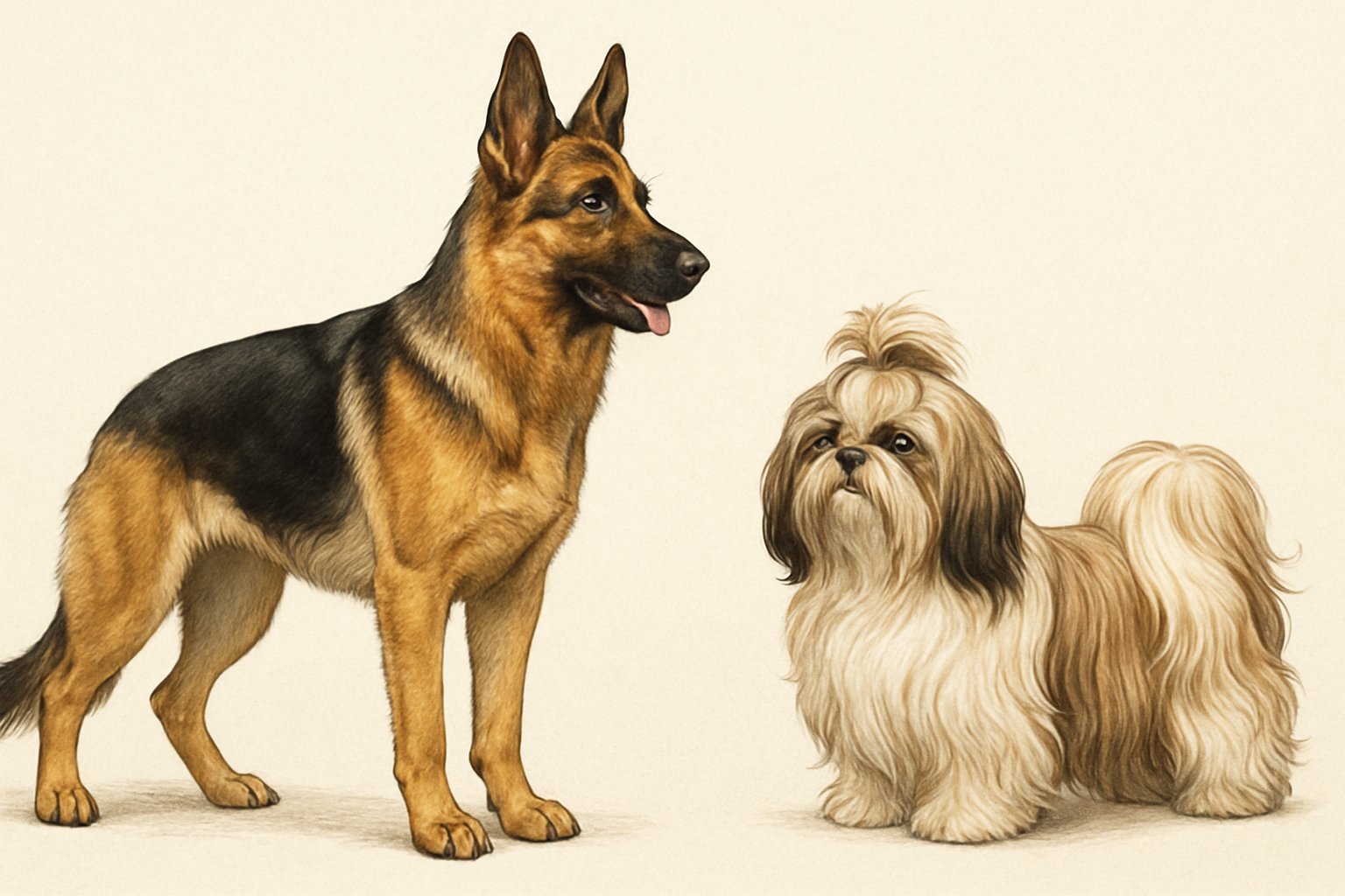 A German Shepherd and a Shih Tzu standing side by side, showing the size and appearance differences between the two dog breeds.