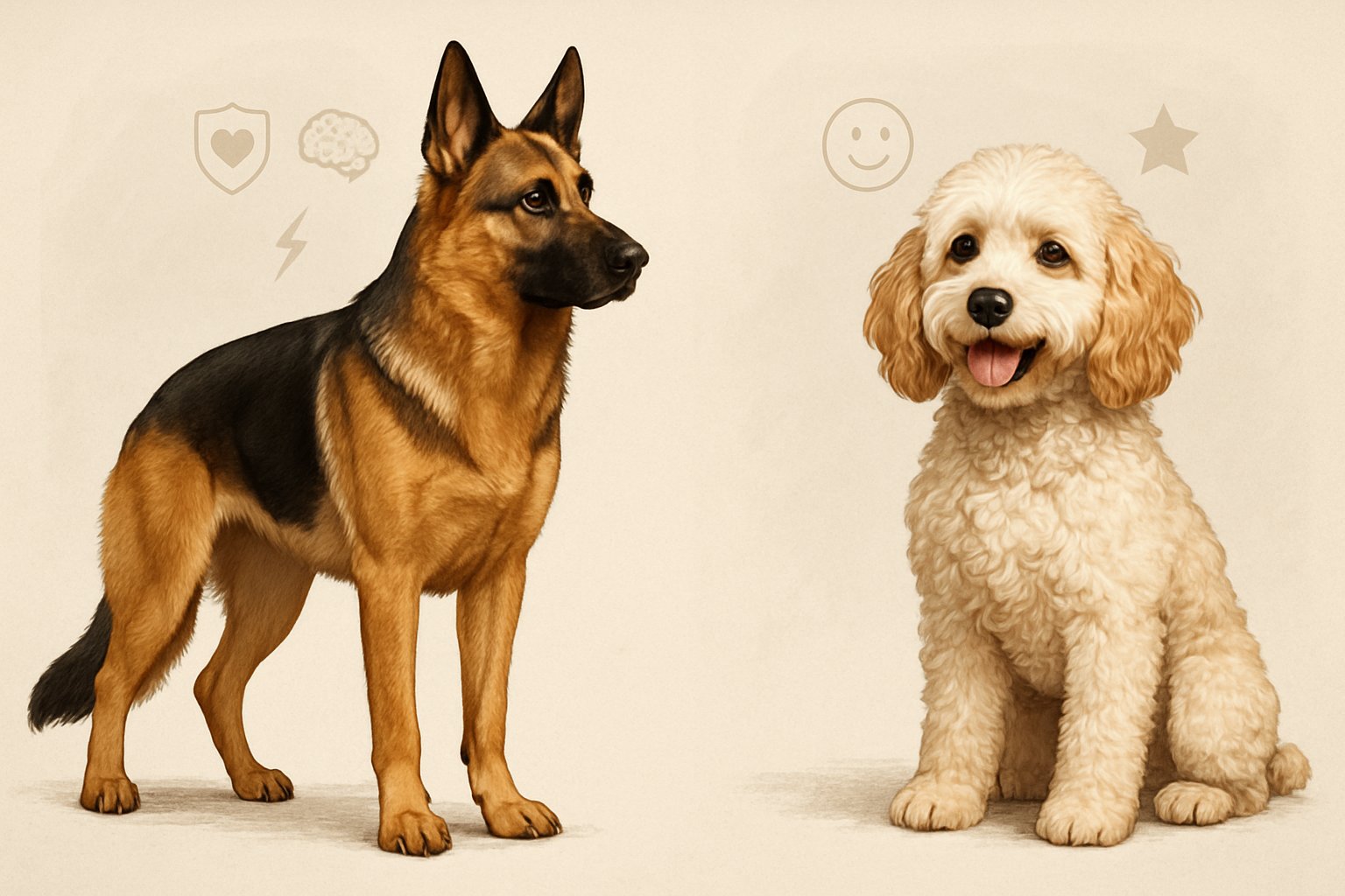 A German Shepherd and a Cockapoo shown side by side, highlighting their physical features and expressions.