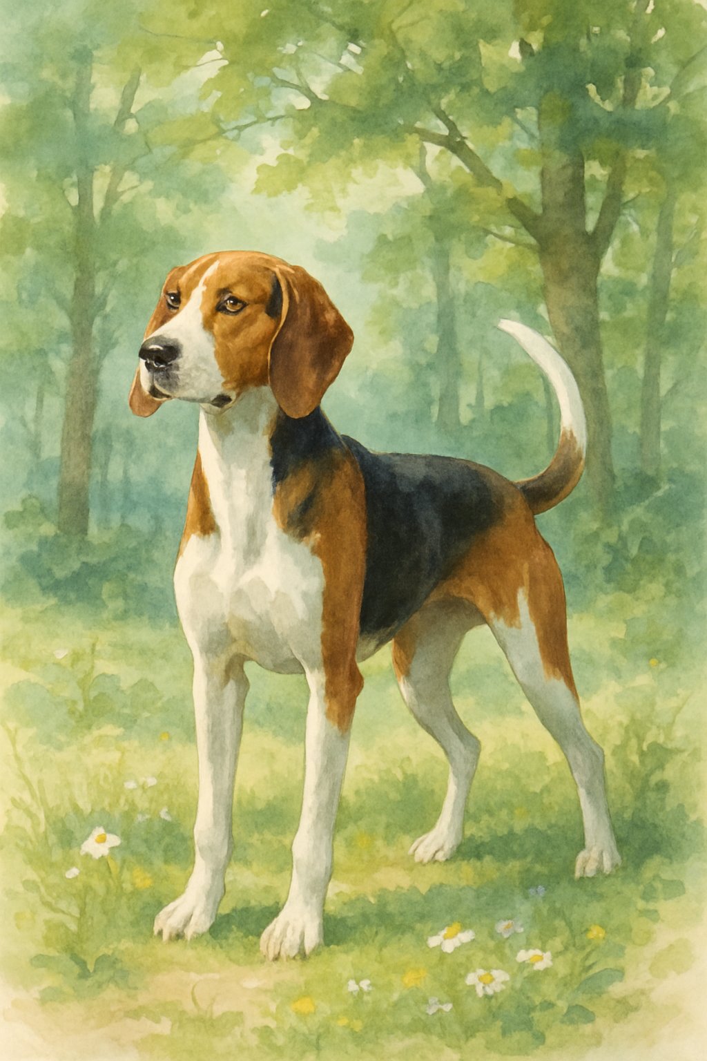A Treeing Walker Coonhound standing attentively in a sunlit forest clearing surrounded by trees and wildflowers.