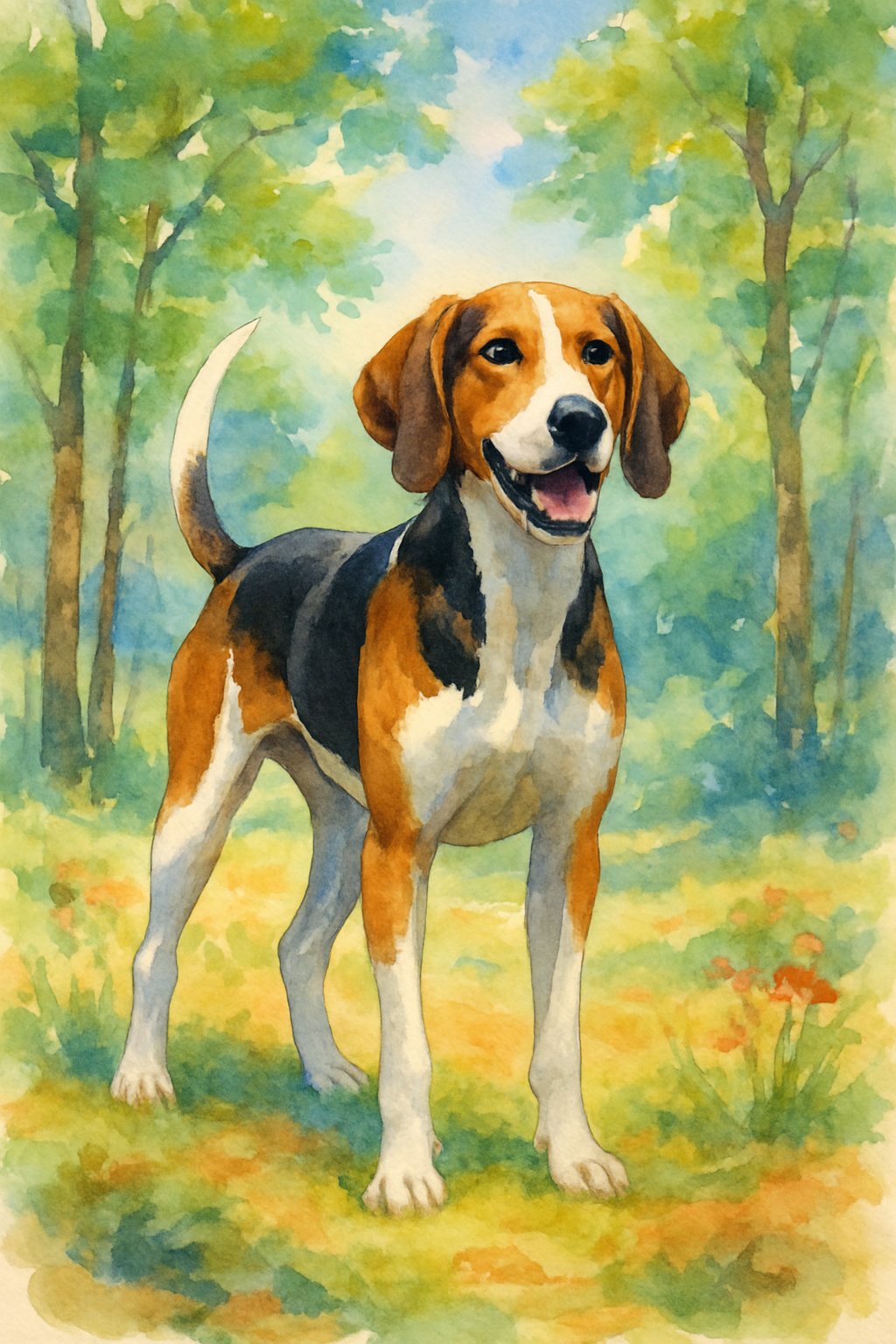 A Treeing Walker Coonhound standing in a sunlit forest clearing surrounded by tall trees and wildflowers.
