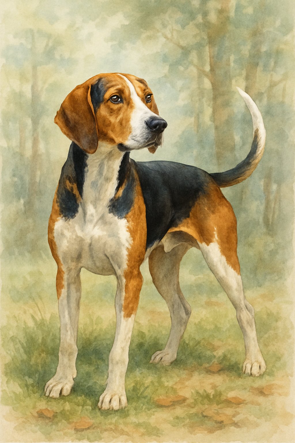 A male Treeing Walker Coonhound standing outdoors in a forested area with grass and trees around.