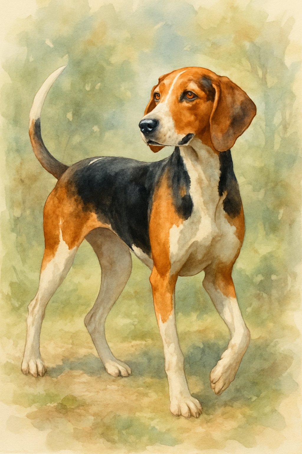 A female Treeing Walker Coonhound standing outdoors in a natural setting with greenery around her.
