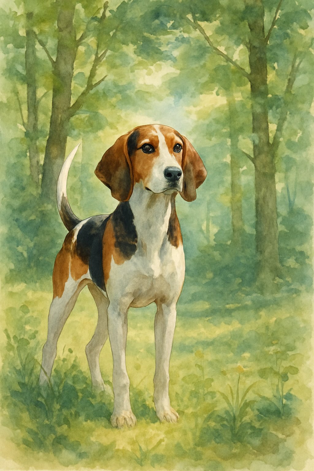 A Treeing Walker Coonhound standing in a forest clearing surrounded by tall trees and wildflowers.