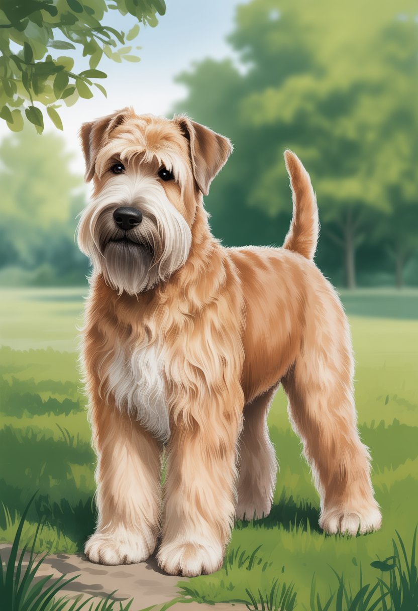 A male Wheaten Terrier dog standing outdoors on grass with trees in the background.