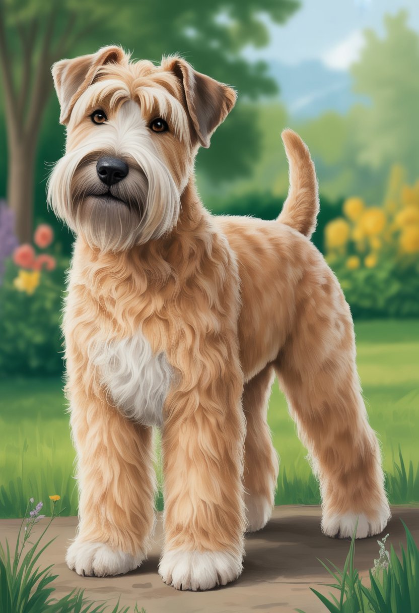 A female Wheaten Terrier dog standing outdoors on grass with flowers and trees in the background.