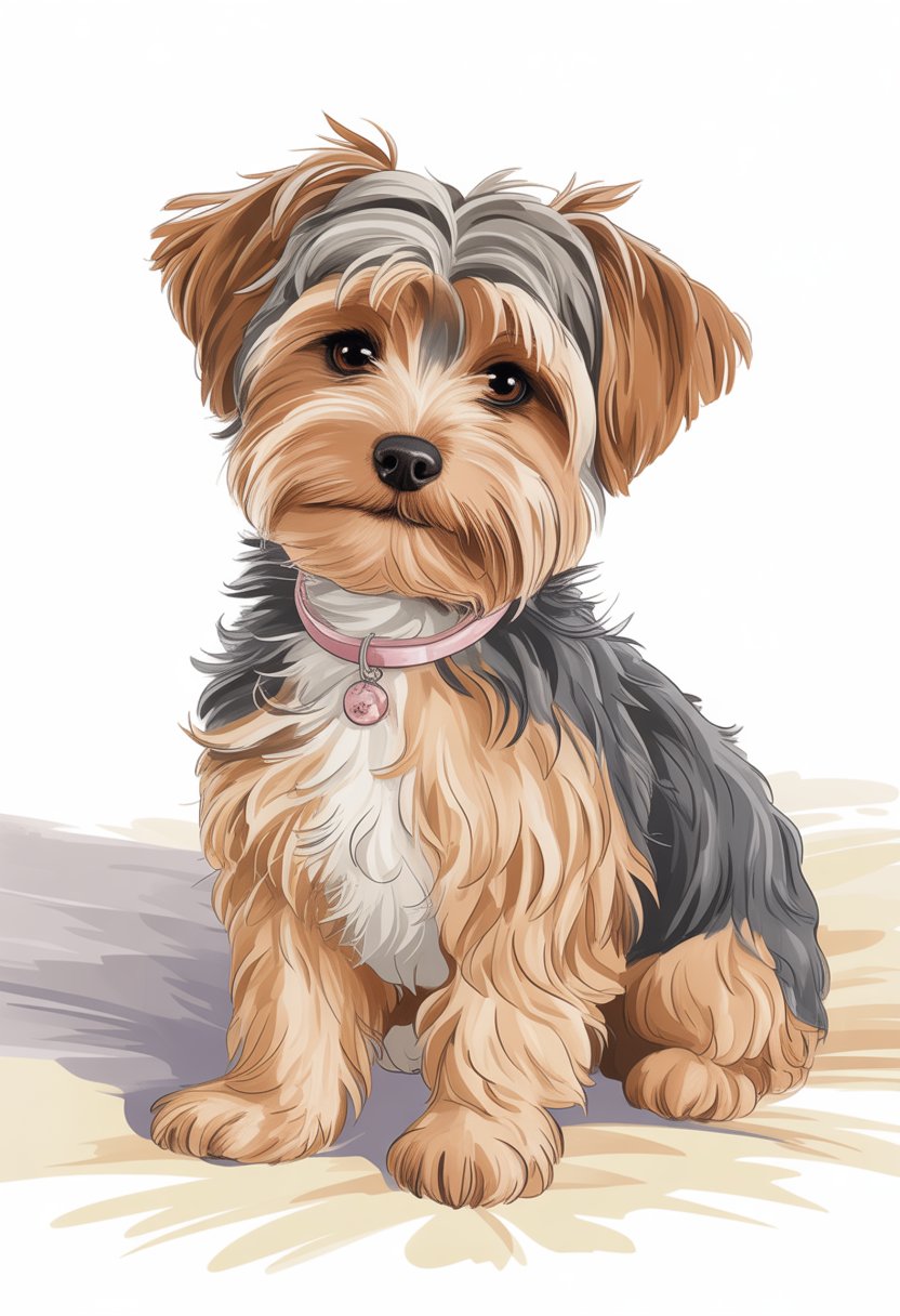 A cute female Yorkipoo dog sitting on a light surface with a pink collar, looking friendly and attentive.