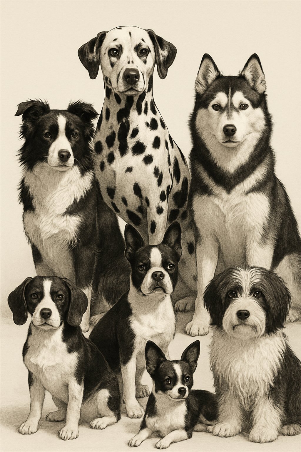 A group of black and white dogs of different breeds sitting and standing together on a plain background.