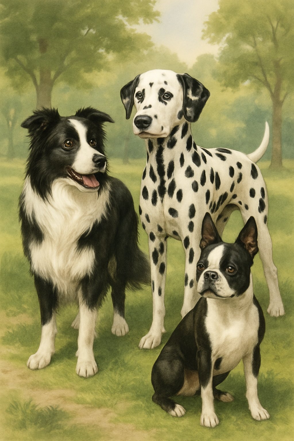 Several male black and white dogs, including a Border Collie, Dalmatian, and Boston Terrier, standing outdoors in a park setting.