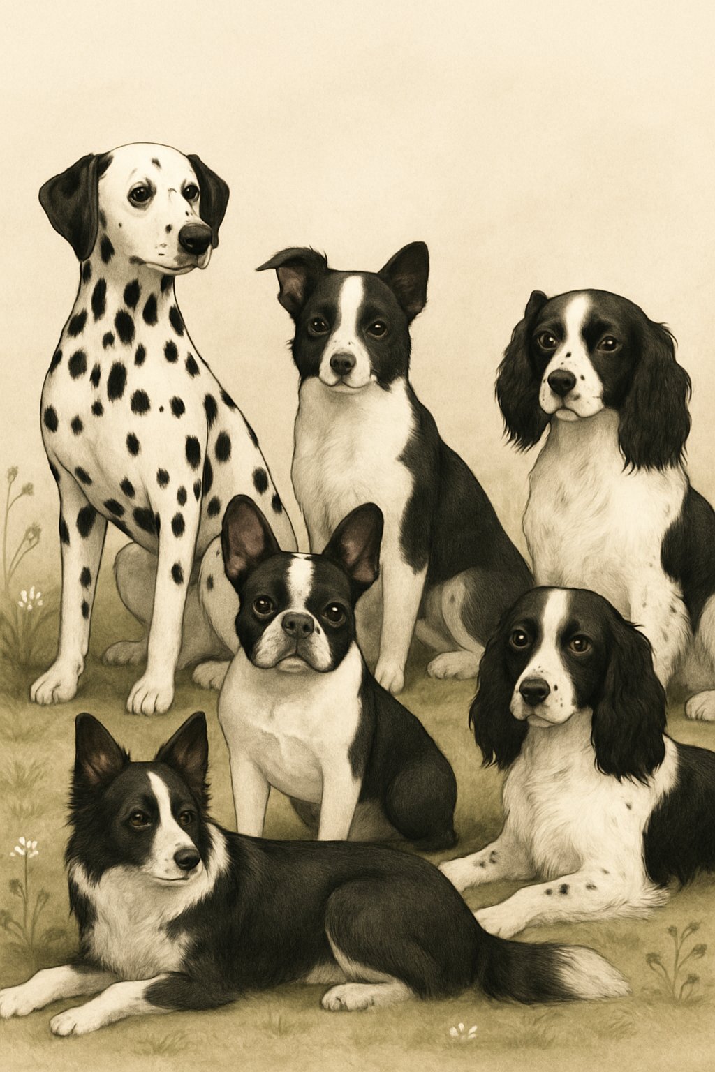 A group of female black and white dogs of different breeds sitting and standing together on grass.
