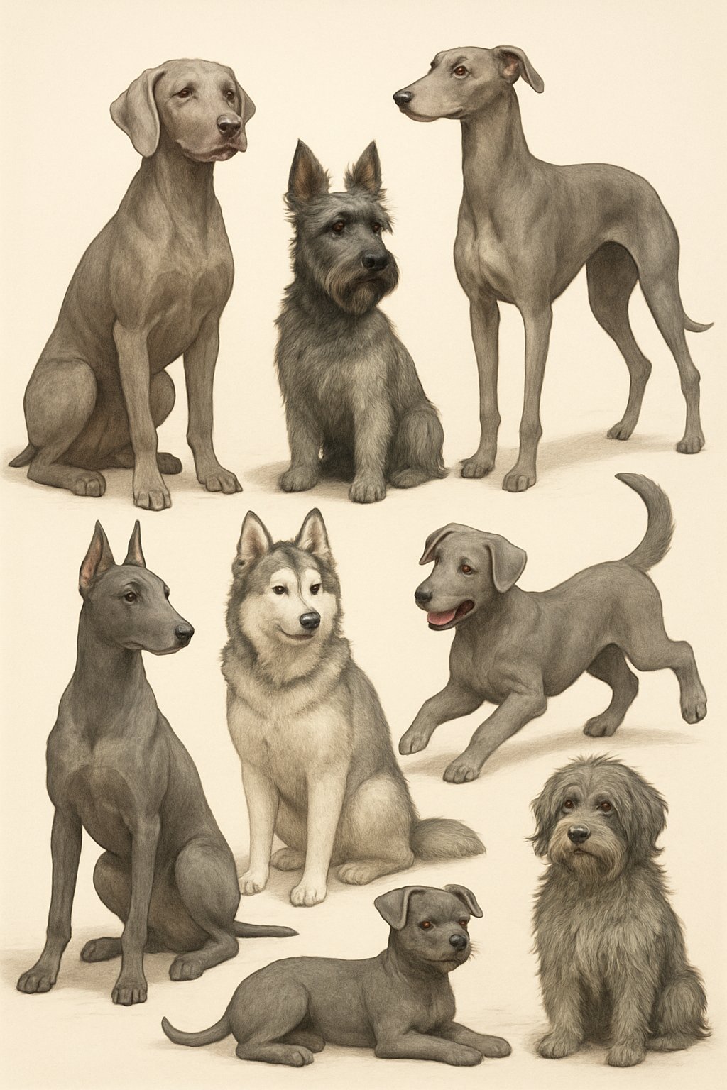 Several grey dogs of different breeds and poses arranged together on a neutral background.