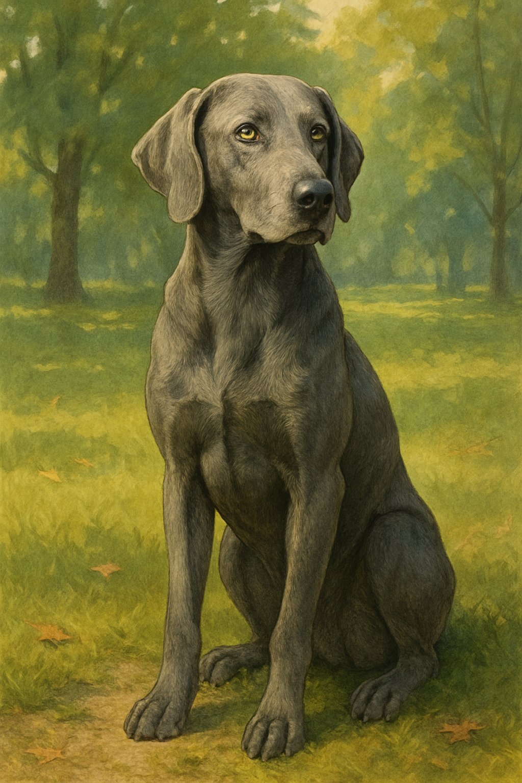 A male grey dog sitting attentively on grass in a peaceful park with trees and soft sunlight.