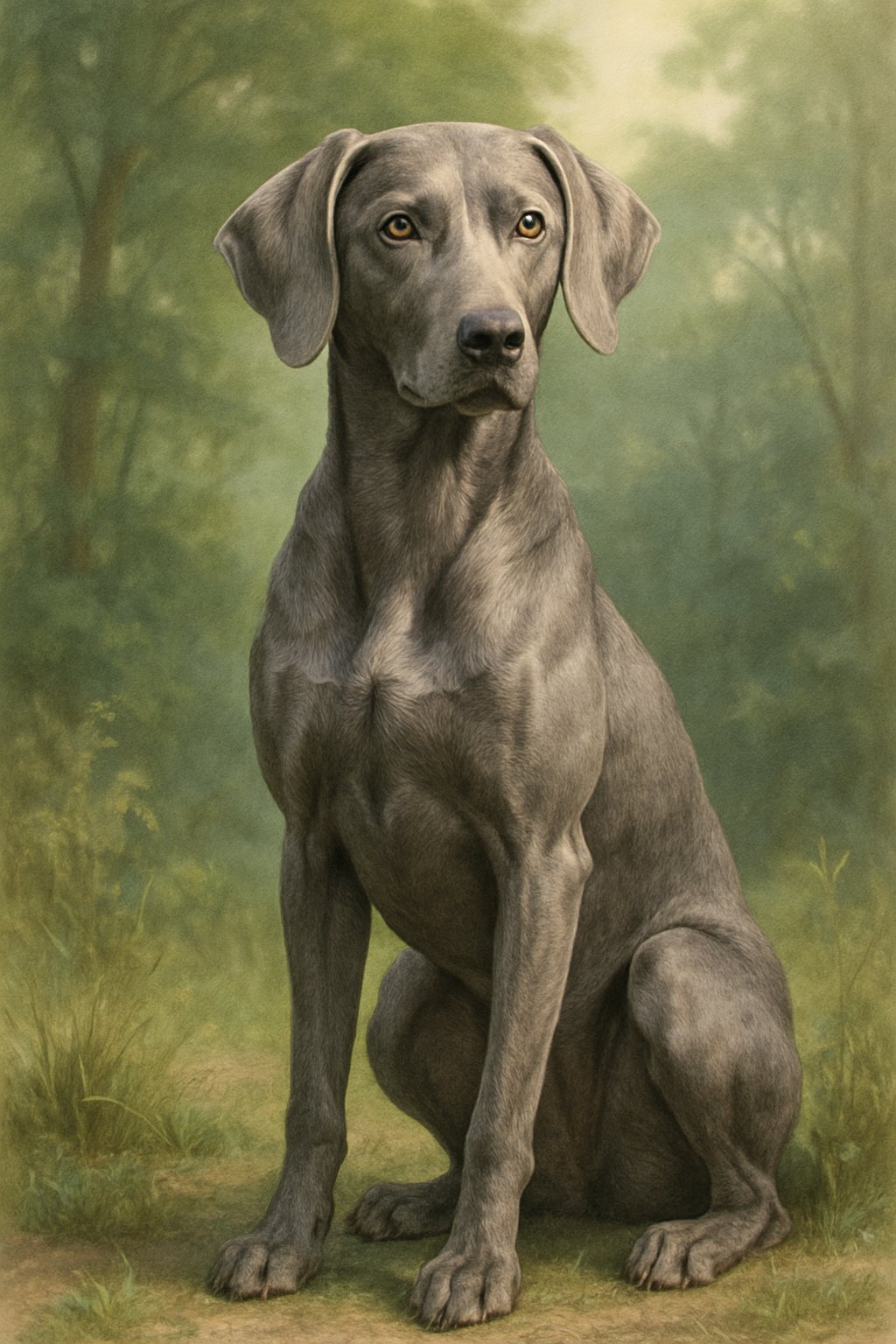 A female grey dog sitting attentively outdoors with green foliage in the background.