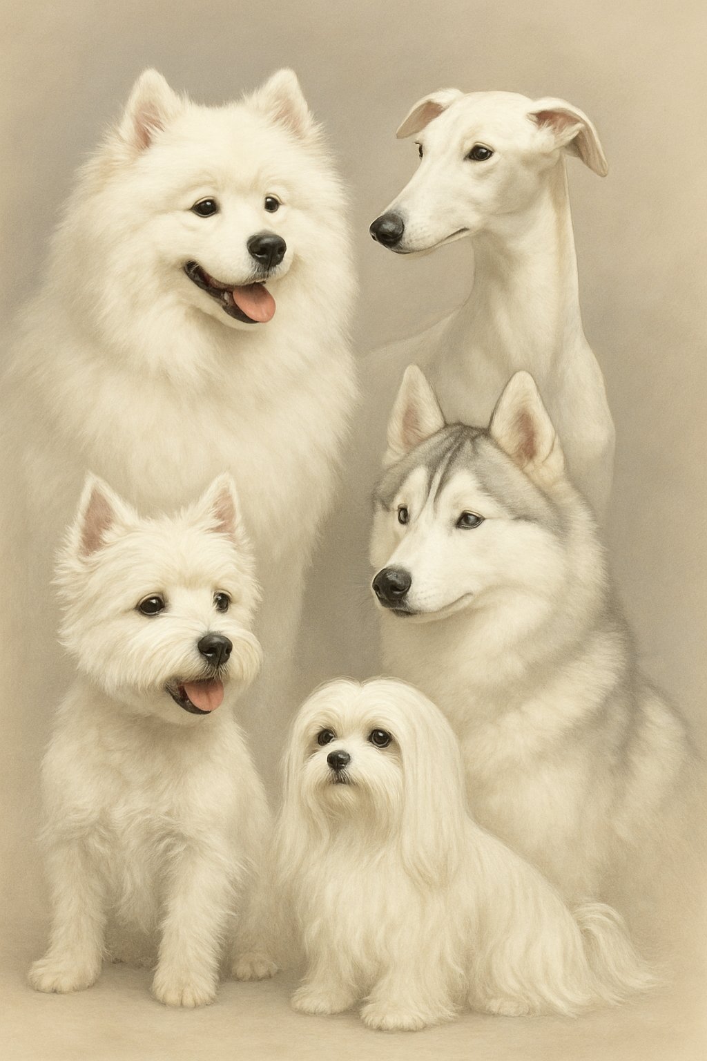 Several white dogs of different breeds posed together against a simple background.