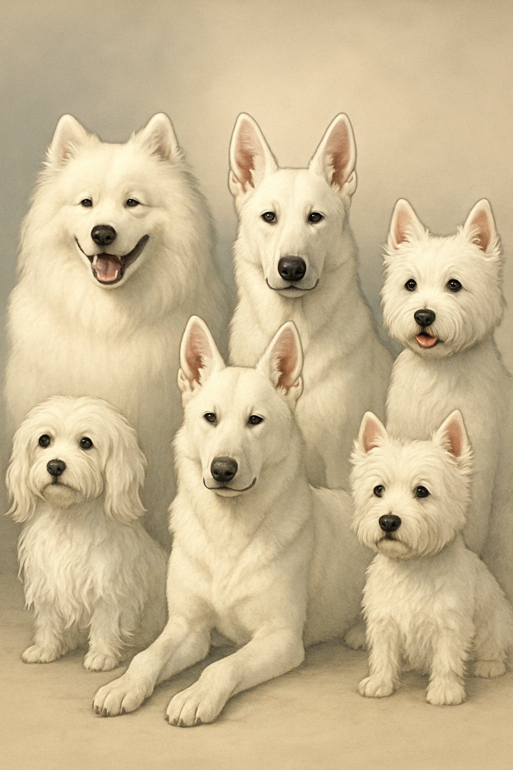 A group of male white dogs of various breeds standing together against a neutral background.