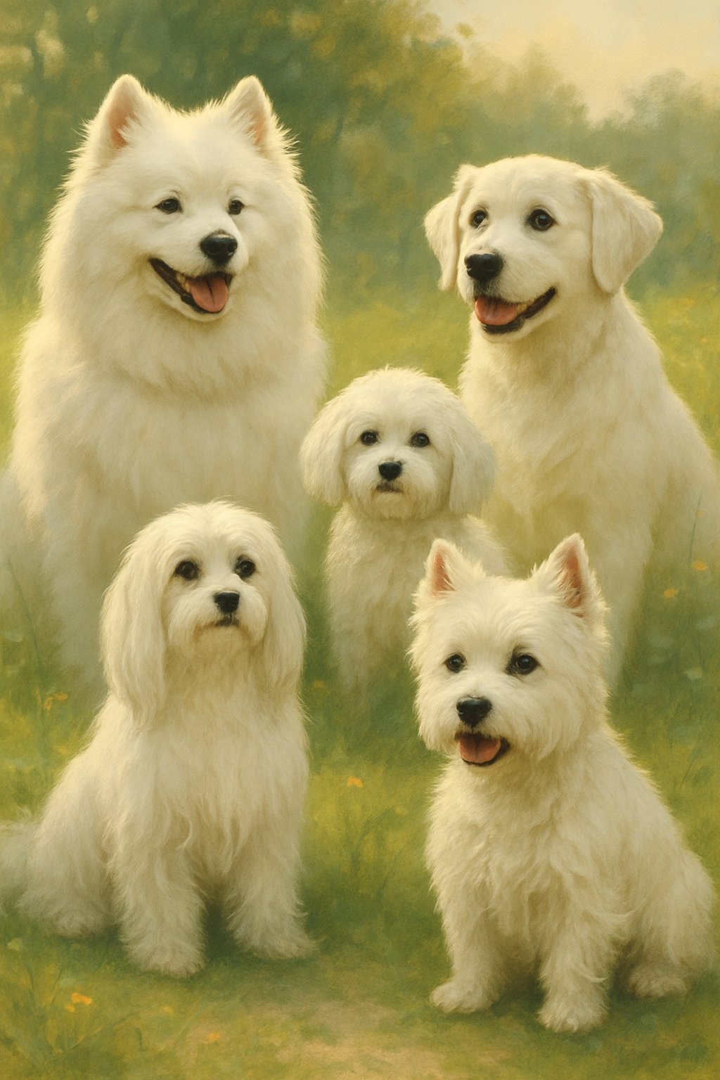 A group of white female dogs of various breeds sitting and standing together in a grassy meadow with flowers.