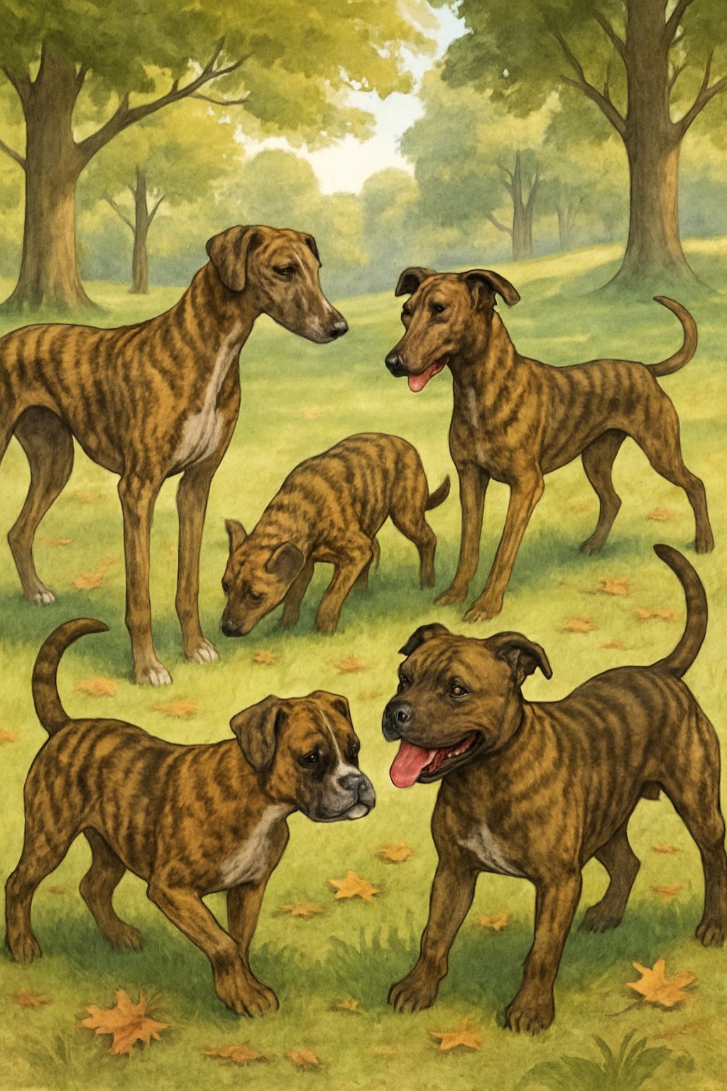 Several brindle dogs of different breeds playing together in a sunny park surrounded by trees and grass.