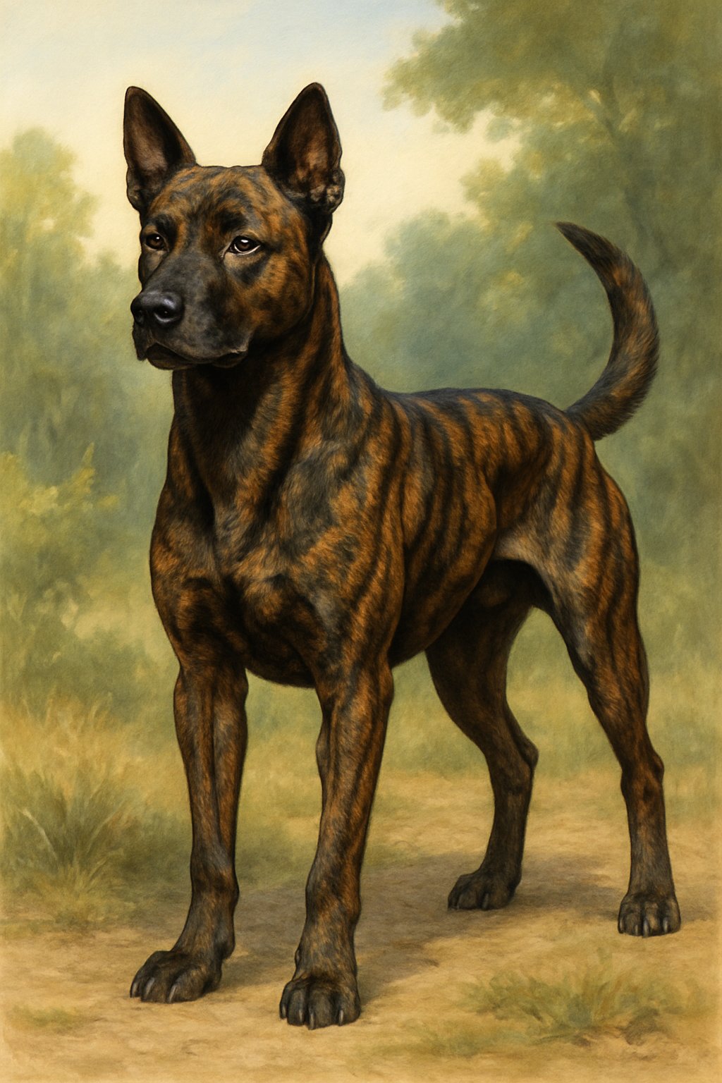 A male brindle dog standing outdoors with a brindle coat pattern and attentive expression.