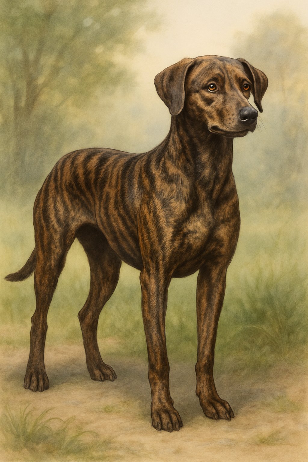 A female brindle dog standing outdoors with a striped brown and black coat and a gentle expression.