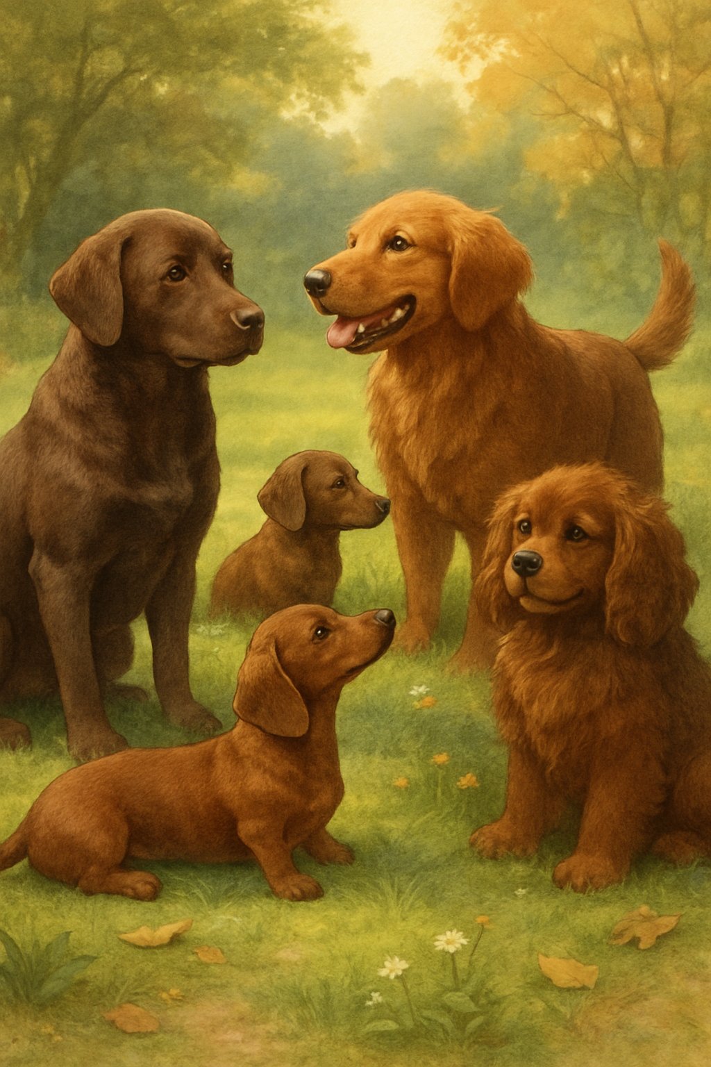 A group of brown dogs of different breeds playing and resting on green grass in a sunny outdoor setting.