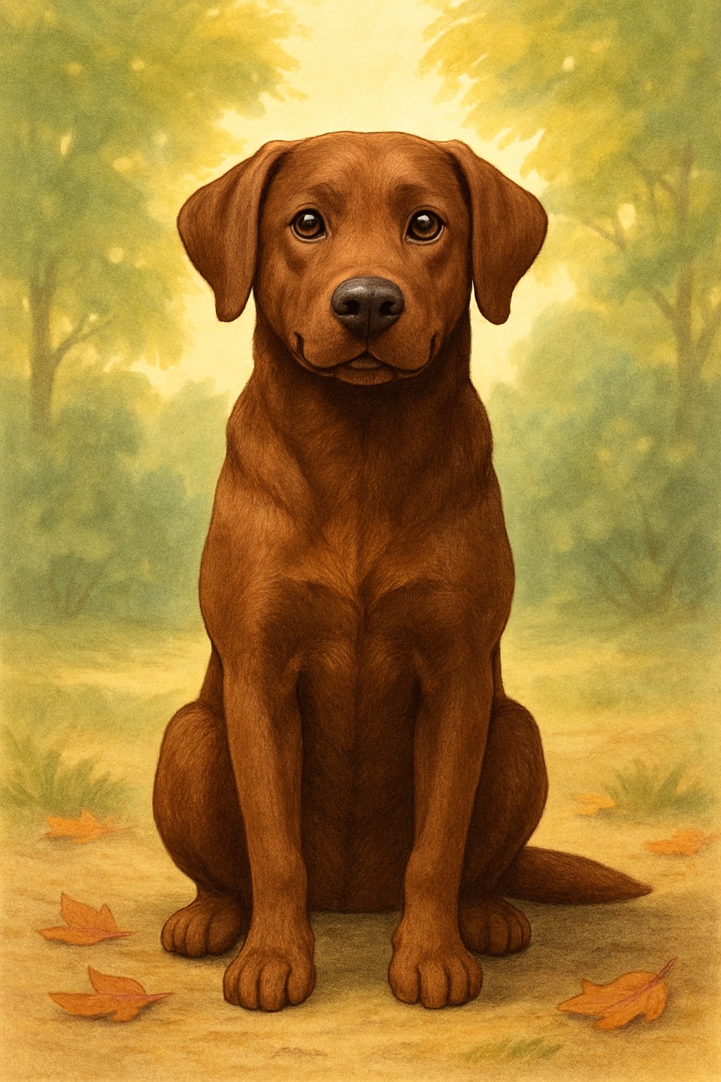 A brown male dog sitting outdoors with green trees and sunlight in the background.