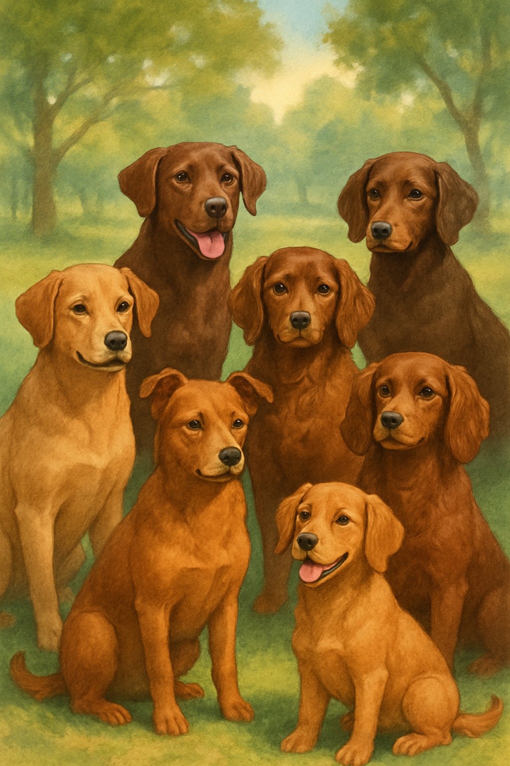 A group of female brown dogs in various shades sitting and standing together outdoors in a park with grass and trees.