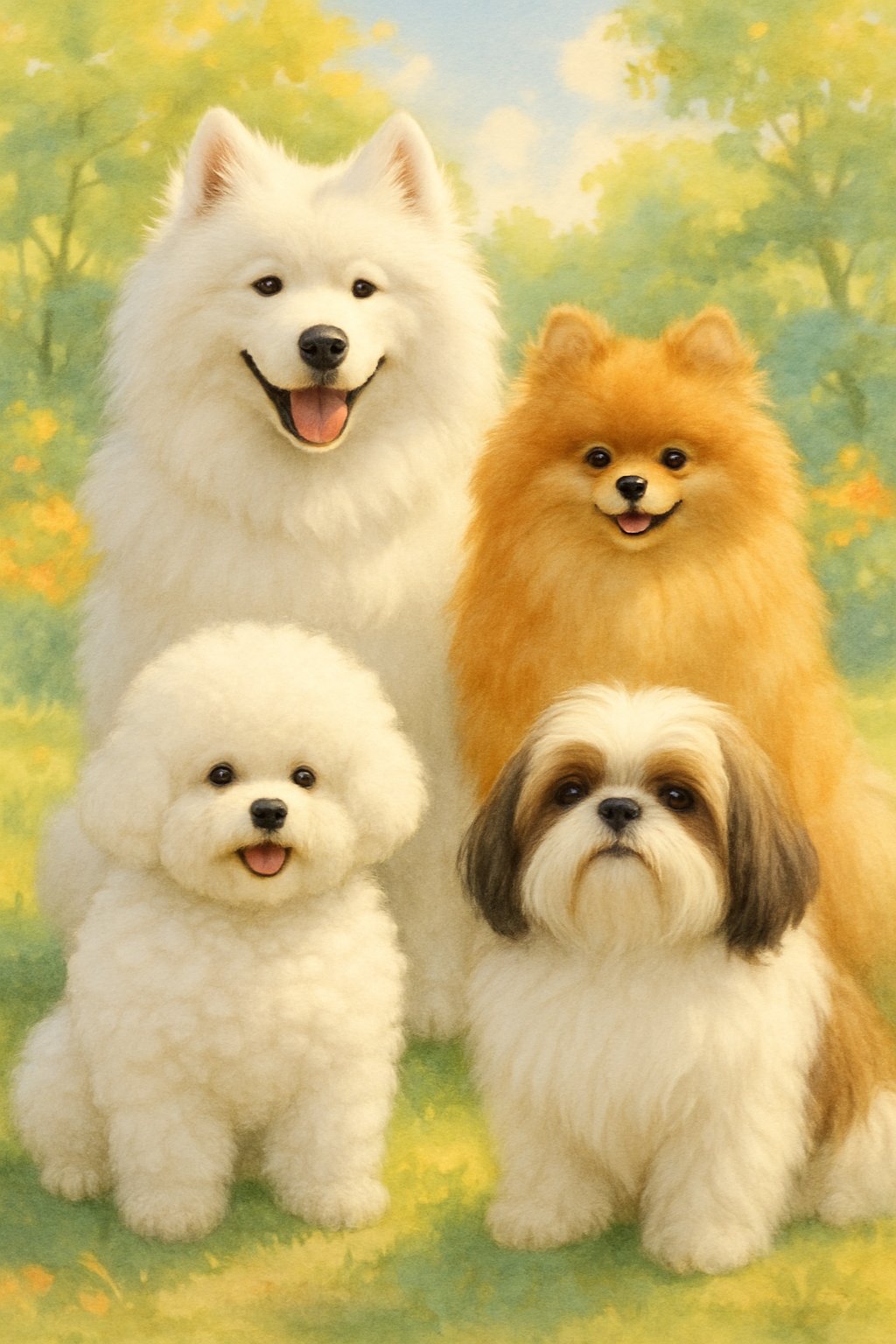 Several fluffy dogs sitting and standing outdoors on grass with trees and flowers in the background.