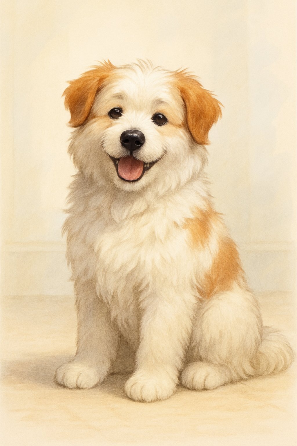 A fluffy male dog with white and light brown fur sitting and looking friendly in a simple bright setting.