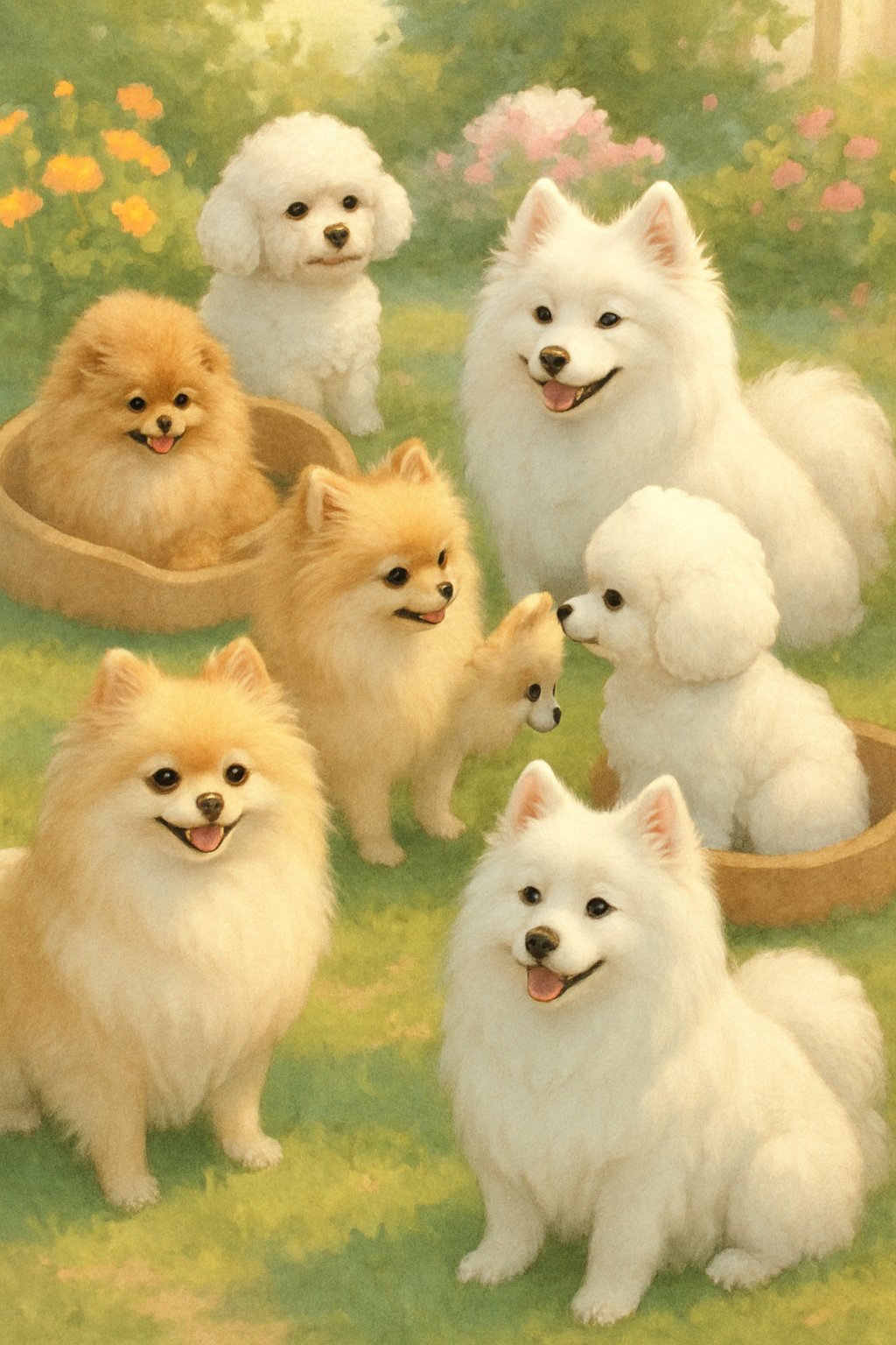 Several fluffy female dogs of different breeds playing together in a sunny garden with flowers and grass.