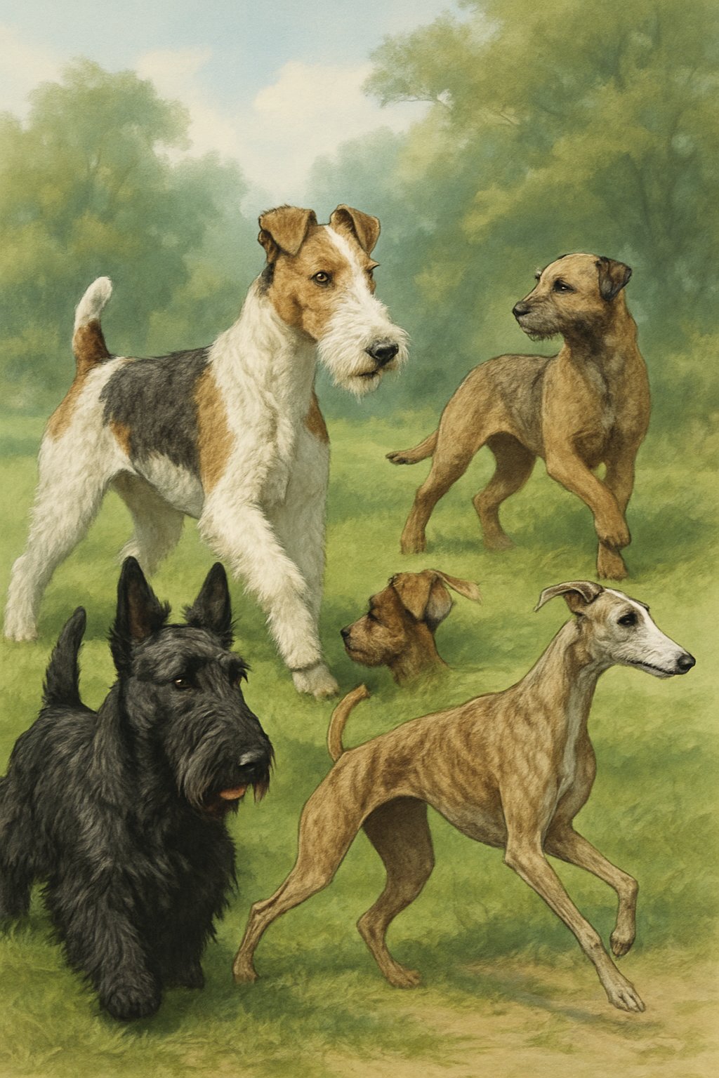 Several wiry-coated dogs of different breeds standing and playing in a grassy outdoor area.