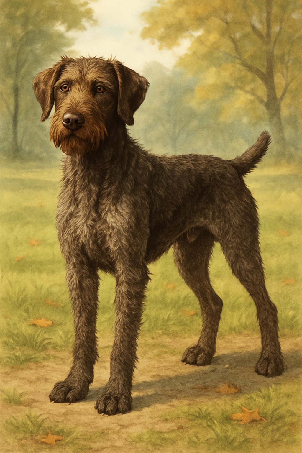 A wiry-coated male dog standing outdoors on grass with trees and sunlight in the background.