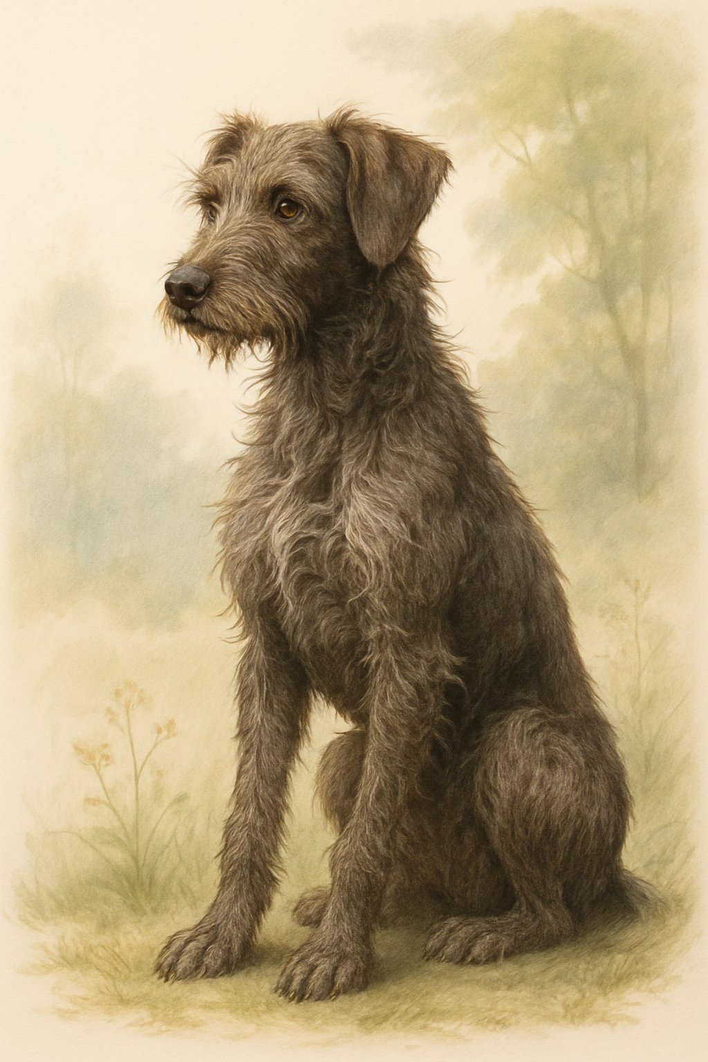 A wiry-haired female dog sitting outdoors on grass with trees and sunlight in the background.