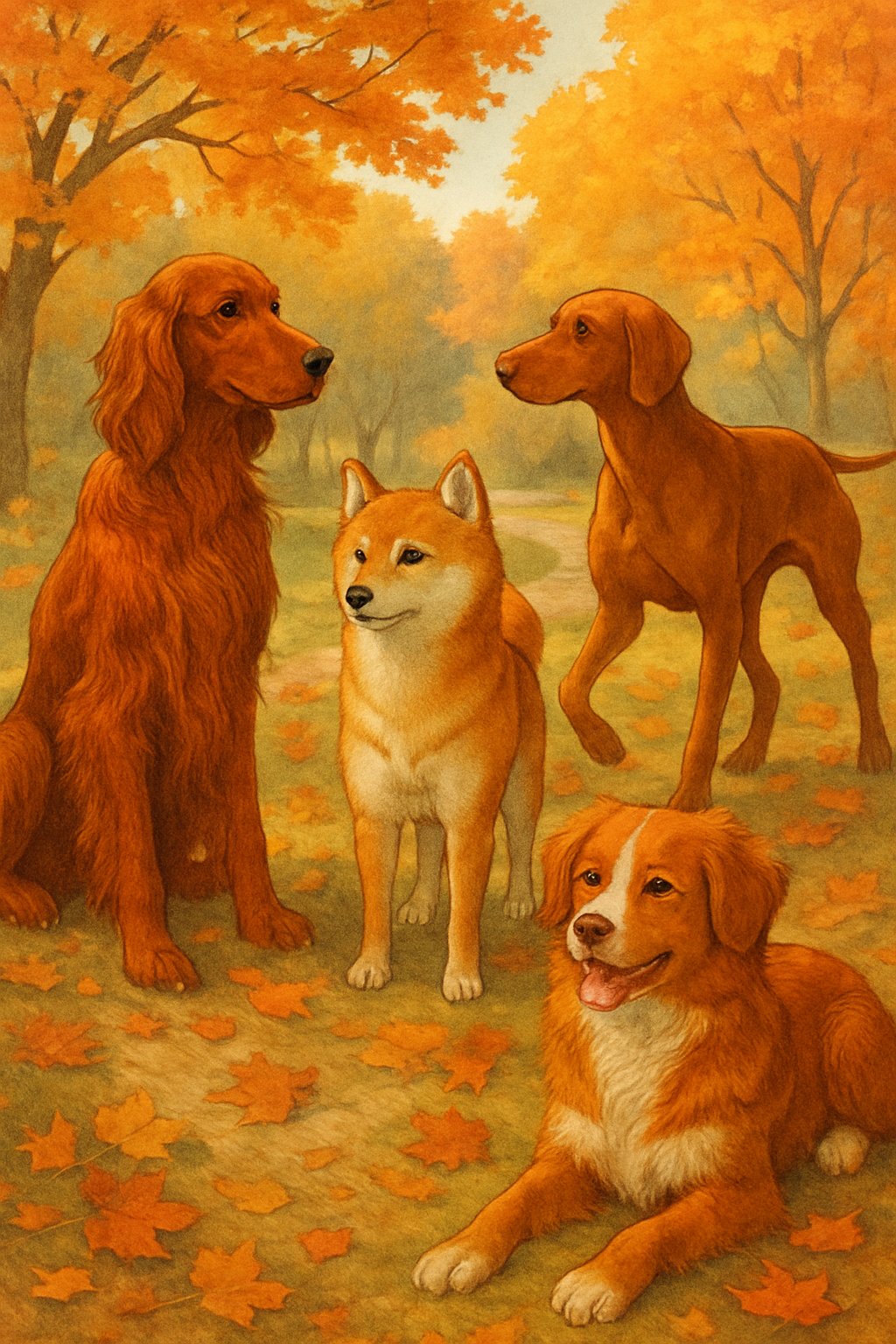 Several red-coated dogs of different breeds playing and resting in a park with autumn leaves and trees.