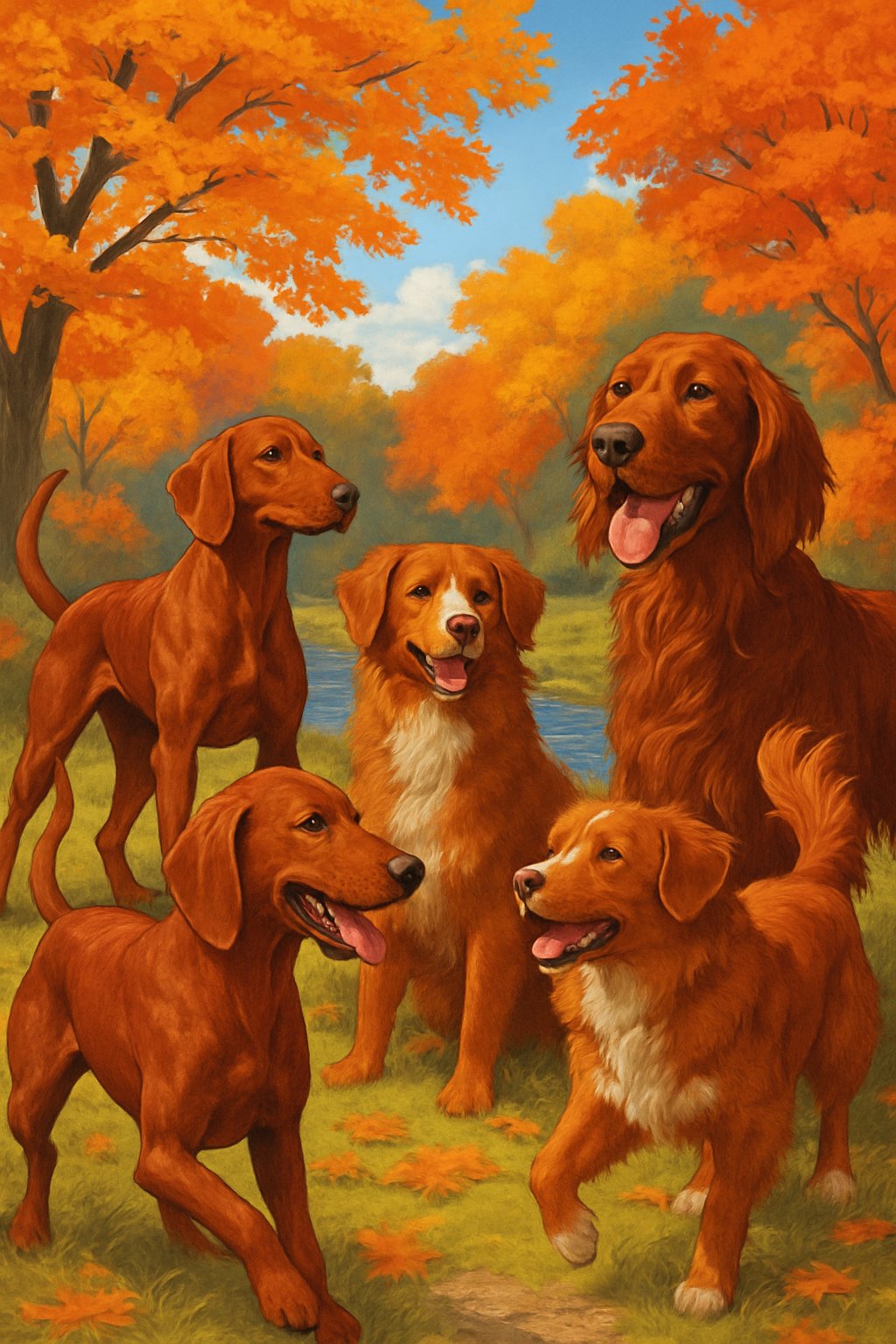 Several male red-coated dogs playing together in a park with autumn leaves and a stream.
