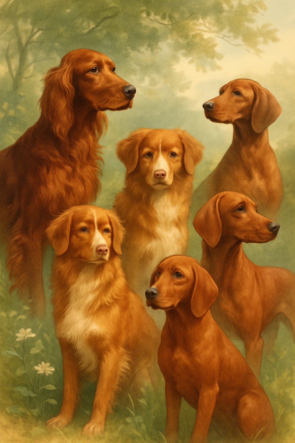 Several female red-coated dogs of different breeds sitting and standing outdoors among green trees and flowers.
