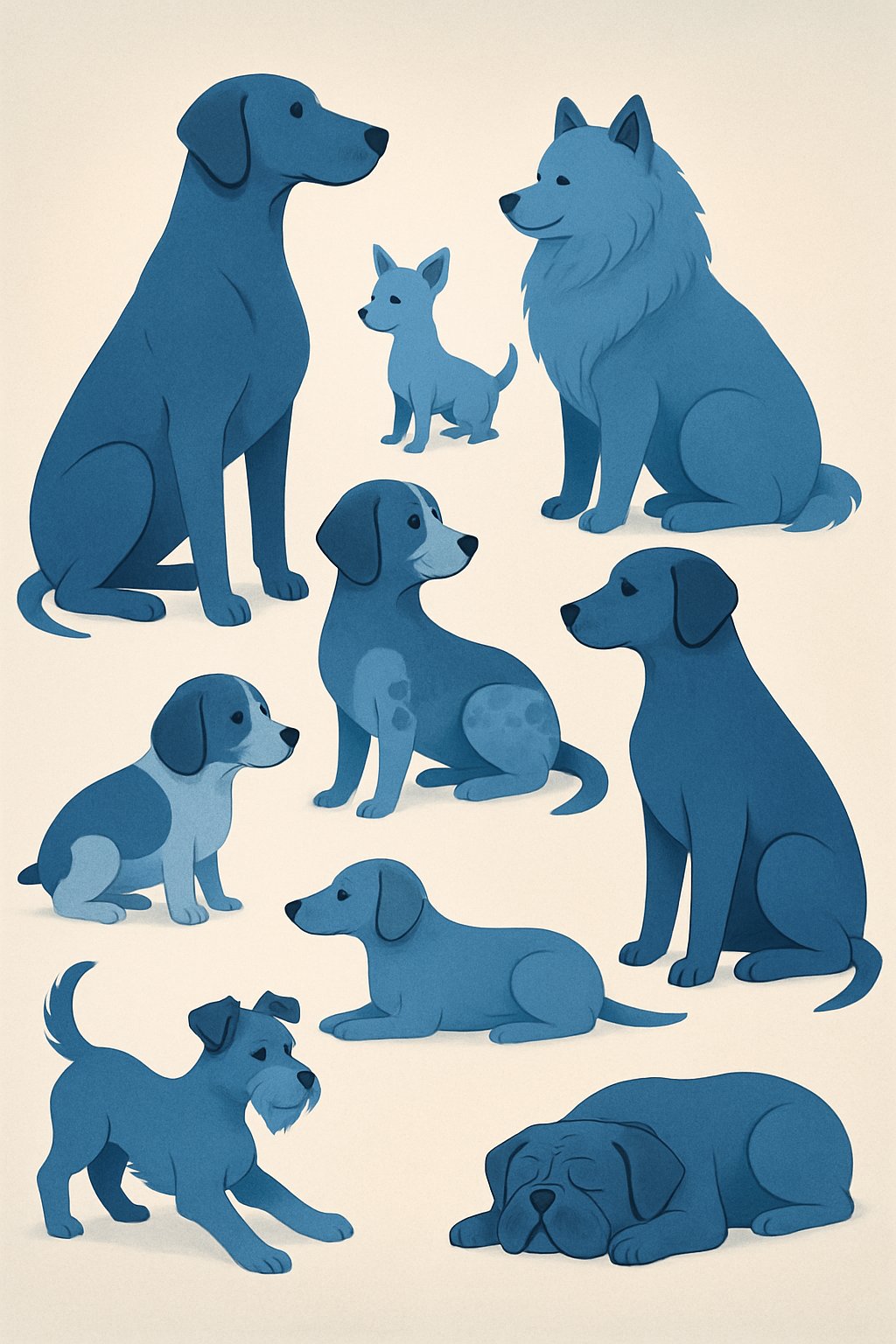 A group of blue dogs of different breeds and sizes in various poses against a soft neutral background.