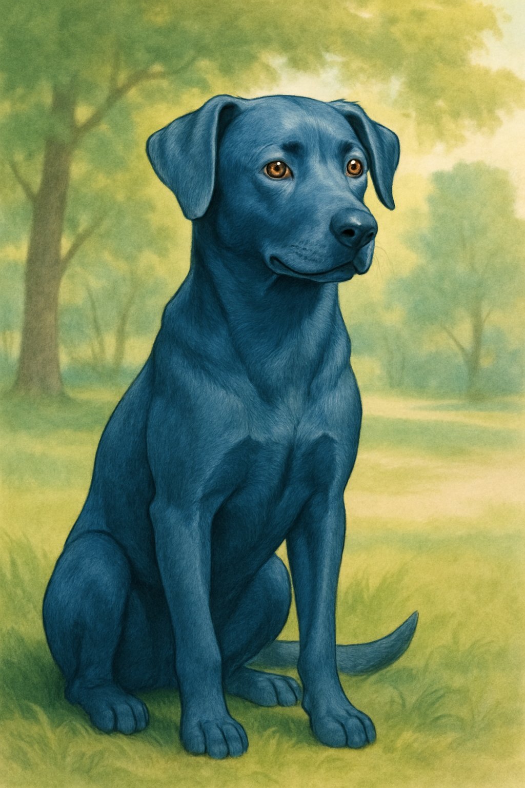 A blue dog sitting attentively in a park with trees and grass in the background.
