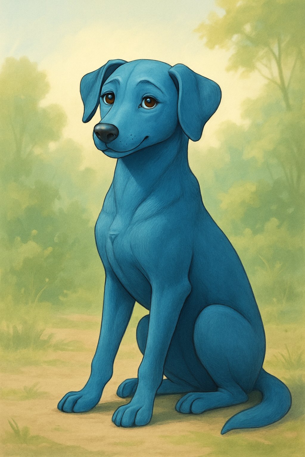A blue dog sitting outdoors with green plants and sunlight in the background.
